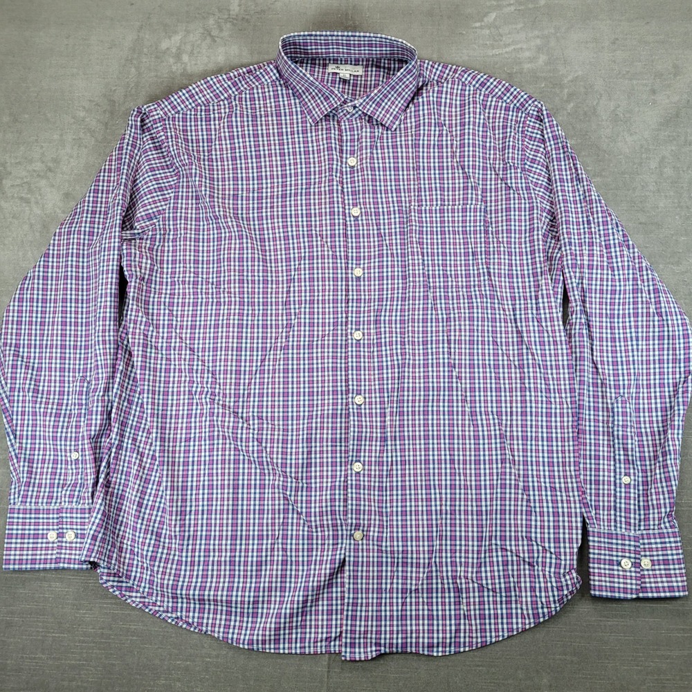 Peter‎ Millar Mens XL Button Down Shirt Purple Blue White Check Long Sleeve